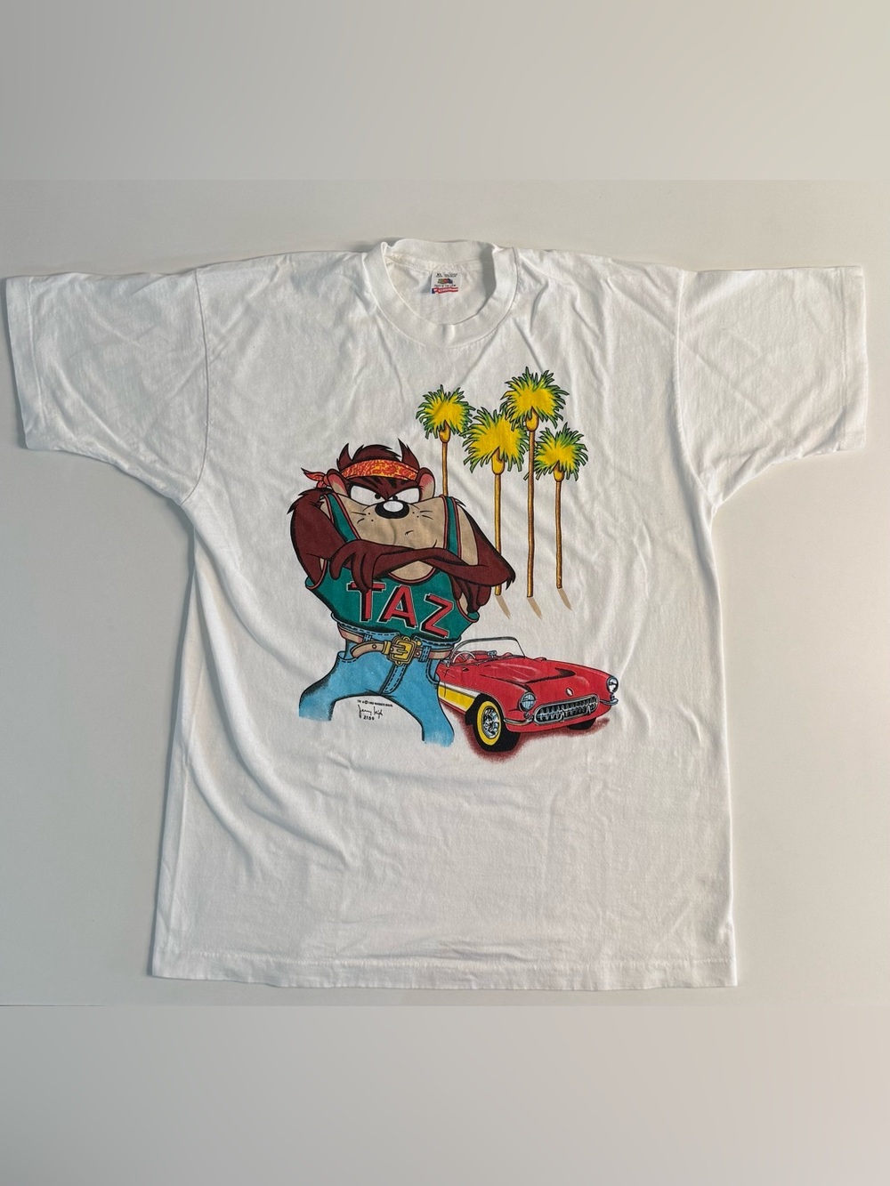 Vintage 1993 Warner Bros Looney Tunes Taz Size XL White Signed Jerry Leigh